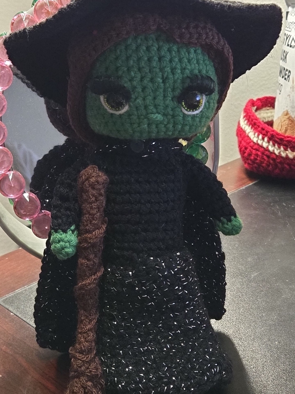 Handmade Crocheted Witch Doll - Green Face, Black Outfit *Wicked Inspired*